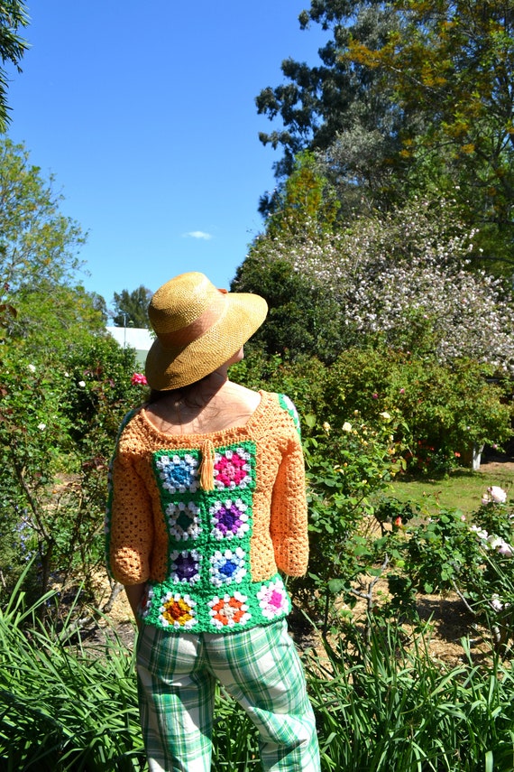 Vintage 70s Rainbow Crochet Jacket, Bell Sleeves,… - image 5
