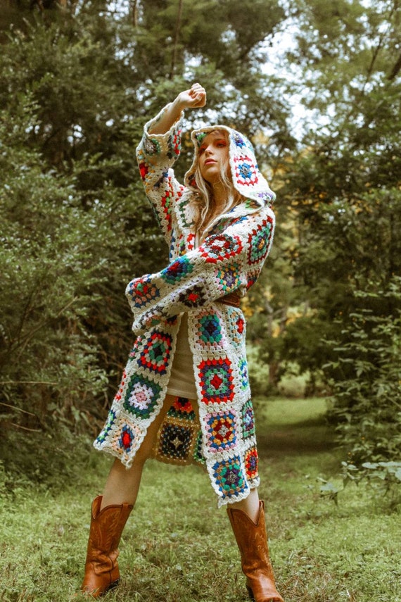 Vintage 70s Rainbow Crochet Jacket, Bell Sleeves,