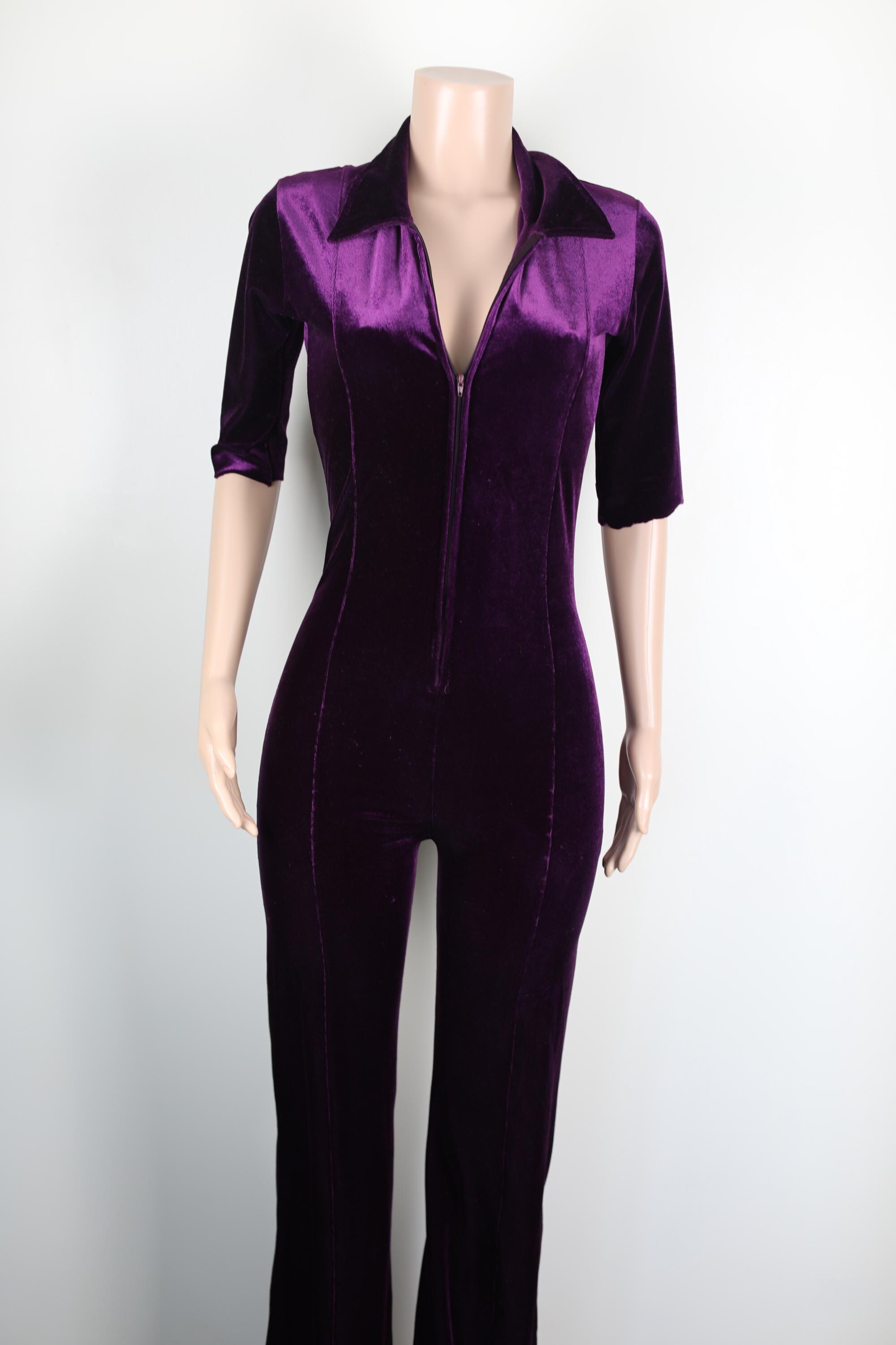 Vintage 70s Purple Velvet Jumpsuit, Size 8, Vintage Sexy Velvet