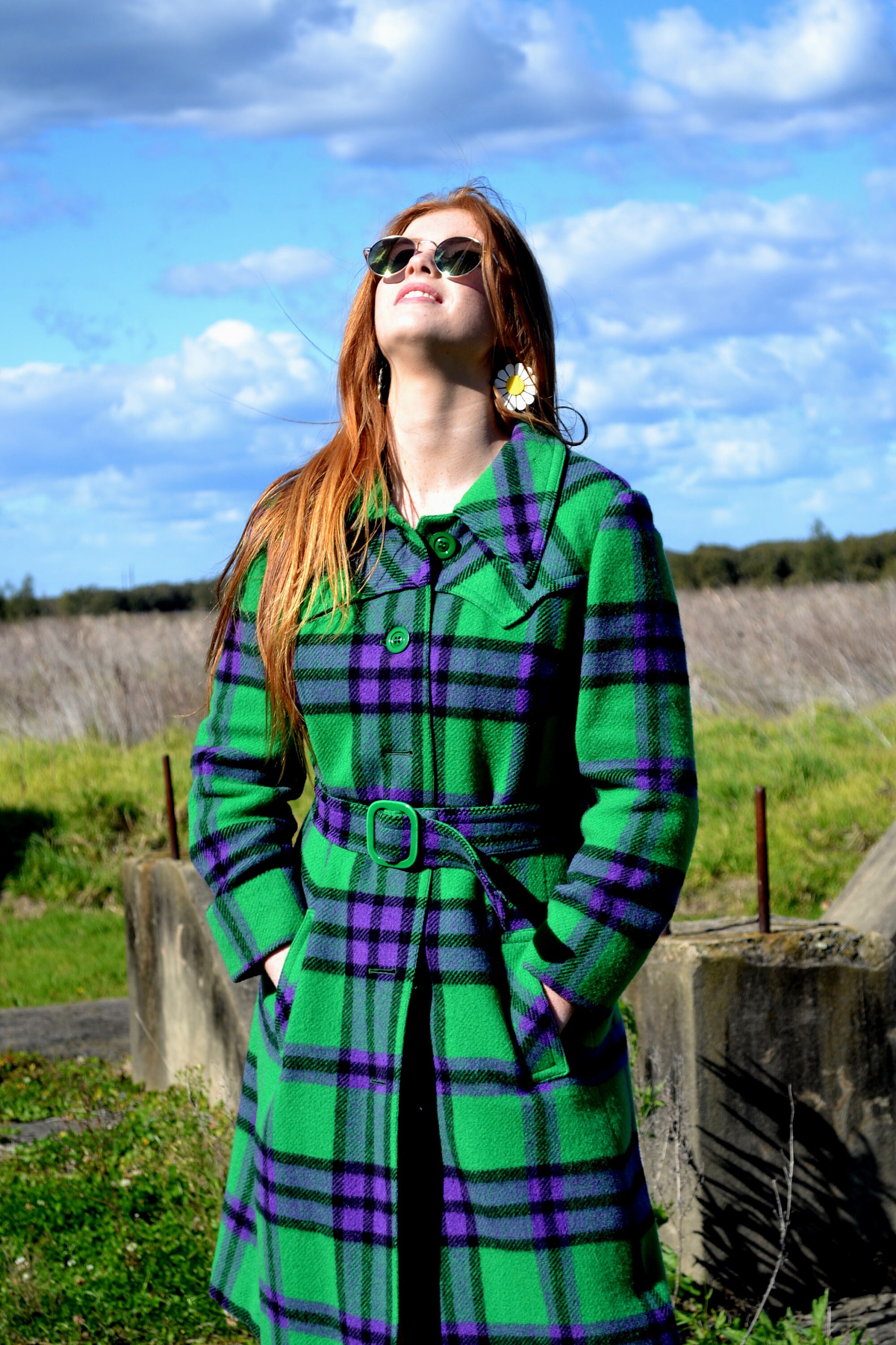 ヴィンテージ 70 年代 グリーン チェック柄 トレンチ コート、70 年代