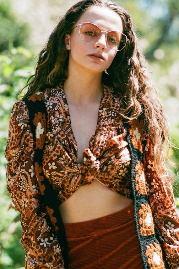 Vintage 70s Brown Crochet Duster, 70s Crochet Vest, Granny Square