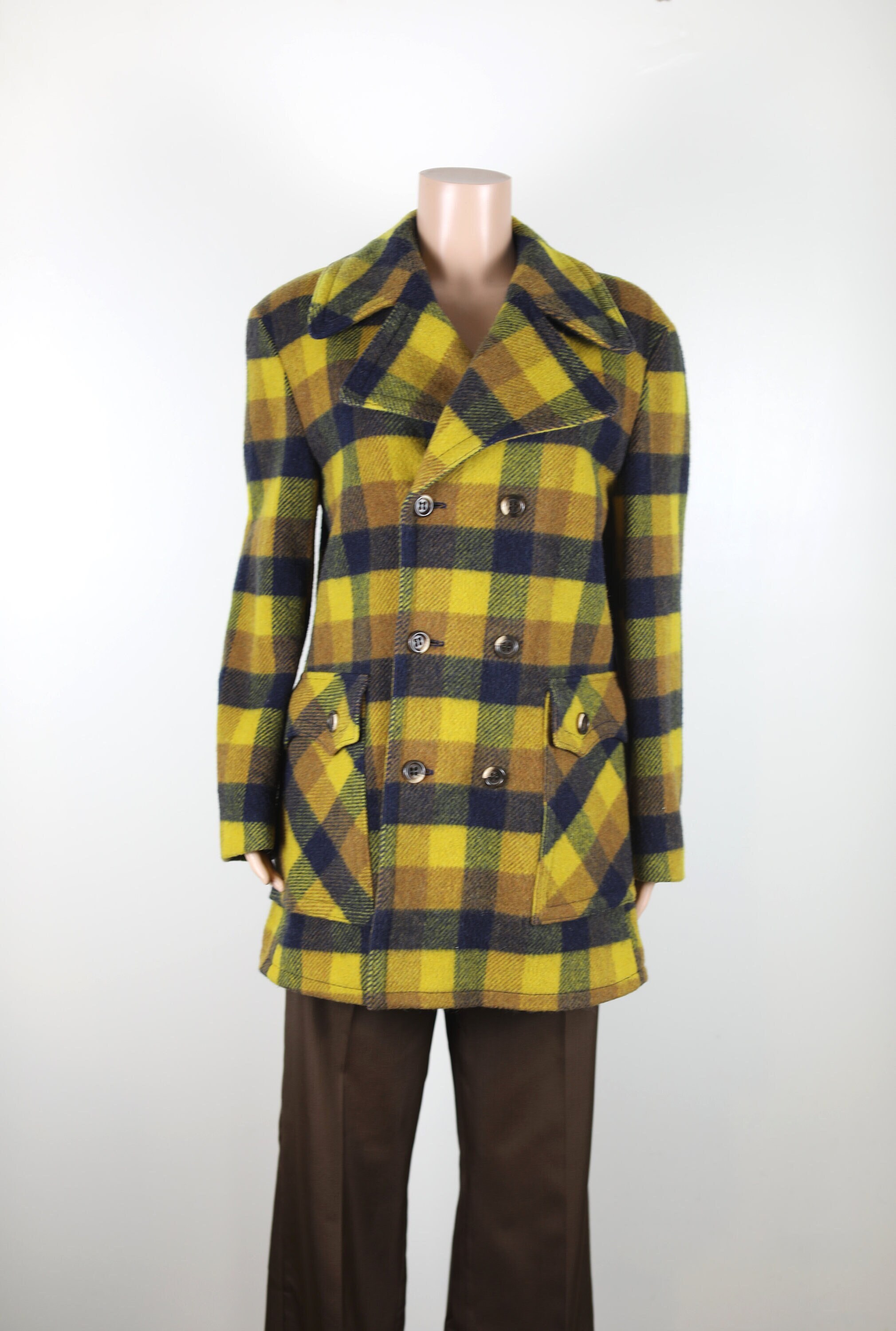 Vintage 70s Yellow and Blue Plaid Lumberjack Jacket, Fully Lined