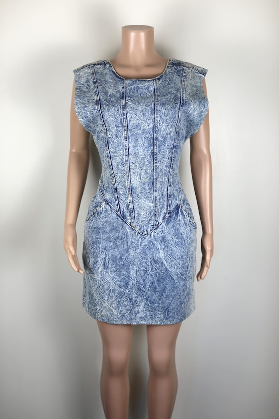 Vintage 80s Denim Dress, 80s Acid Washed Denim Dress, - Gem