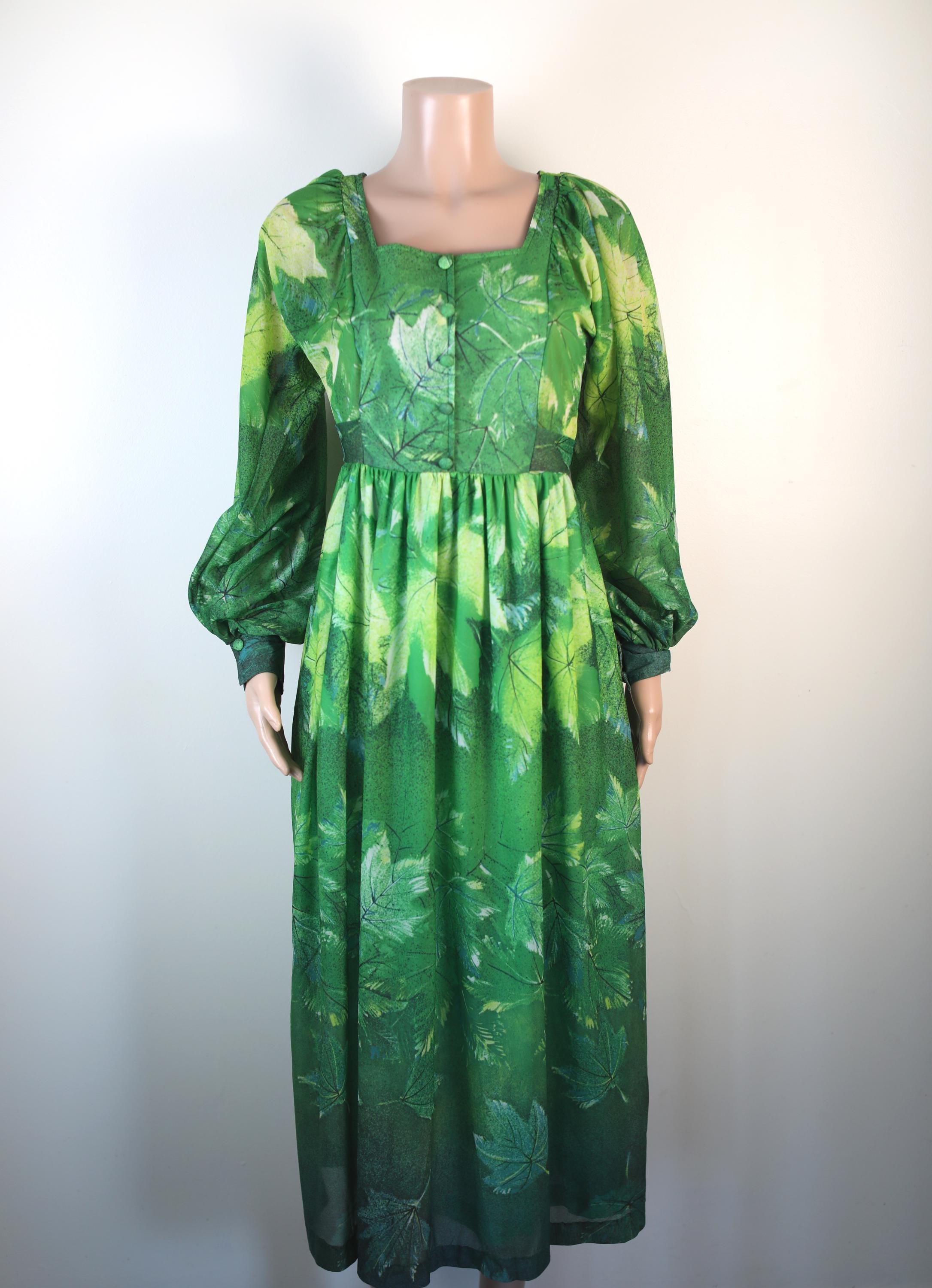 Vintage 70's Green Forest Core Dress, Poison Ivy Dress, 70s Flower