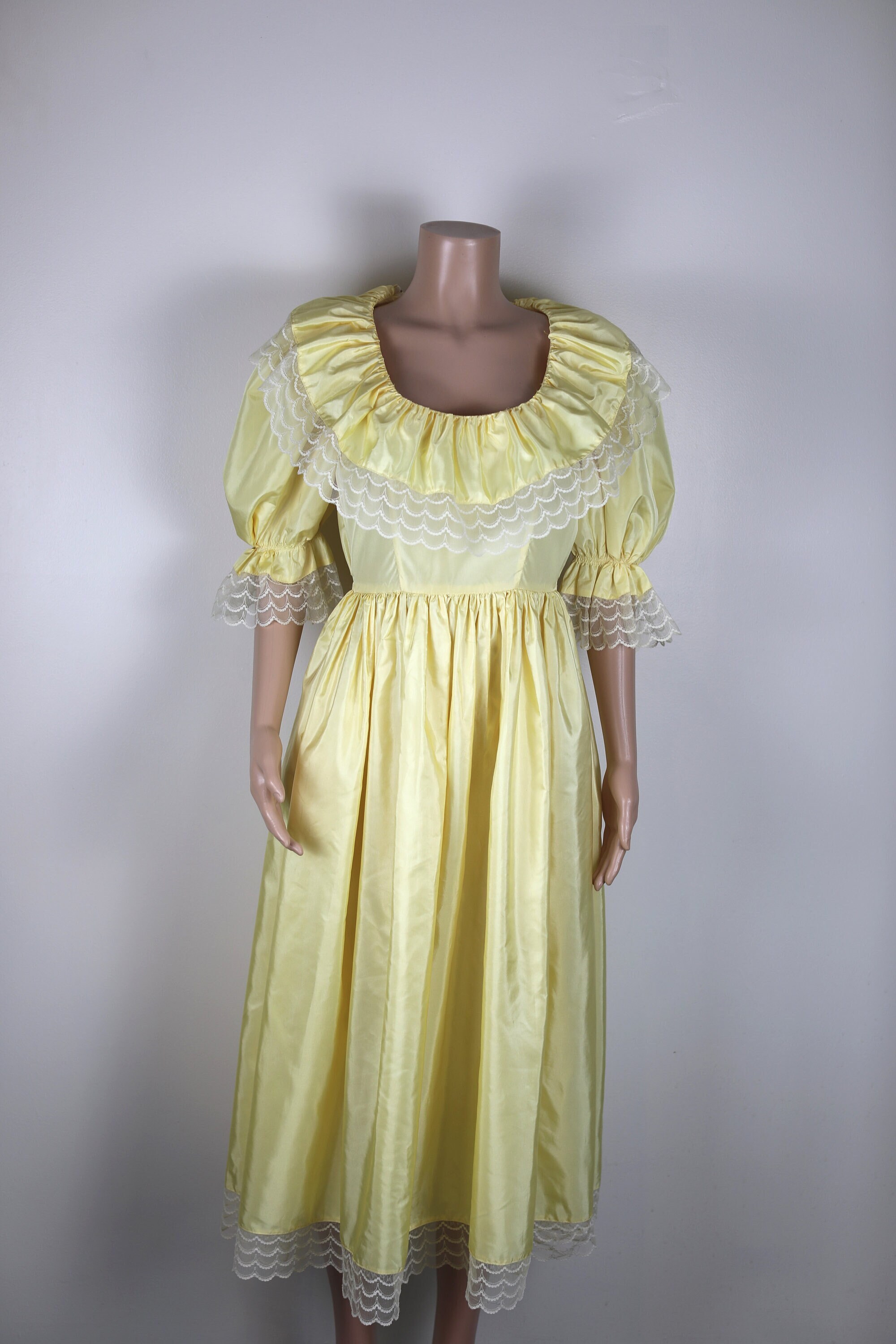 Vintage 80s Fairycore Dress, Yellow Fairy Core Dress, 80s Prom Dress, 80s Puffy Sleeves, 80s Retro Dress, 80s Lace Dress, Vintage 80s Fairy