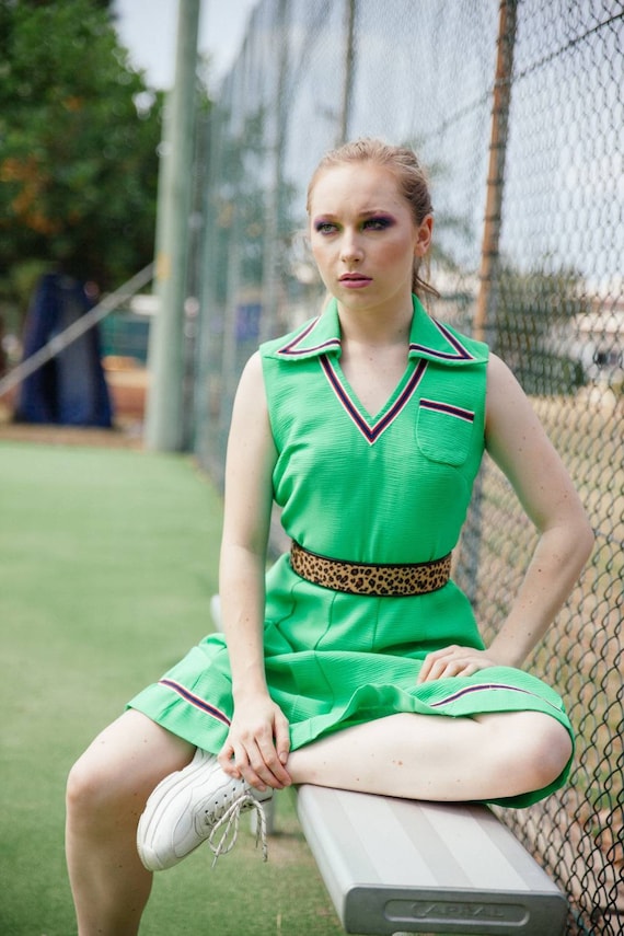 Vintage 70s Green Tennis Dress, Vintage Pleated 70