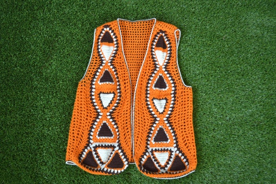 Vintage 70s Orange Crochet Vest, 70s Crochet Duste