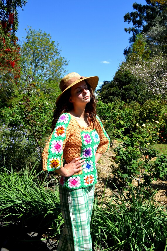 Vintage 70s Rainbow Crochet Jacket, Bell Sleeves,… - image 8