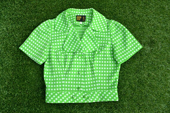 Vintage 70s Green and White Check Shirt, 70s Green