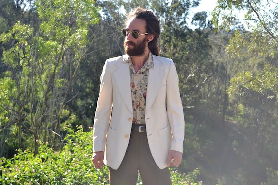 Vintage 70s Cream Mens Suit Jacket, Size Medium, S
