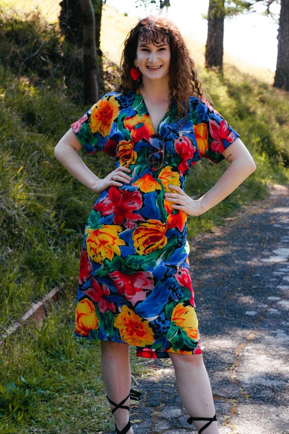 Vintage 80s Rainbow Dress, Size 14, Vintage Rainbo