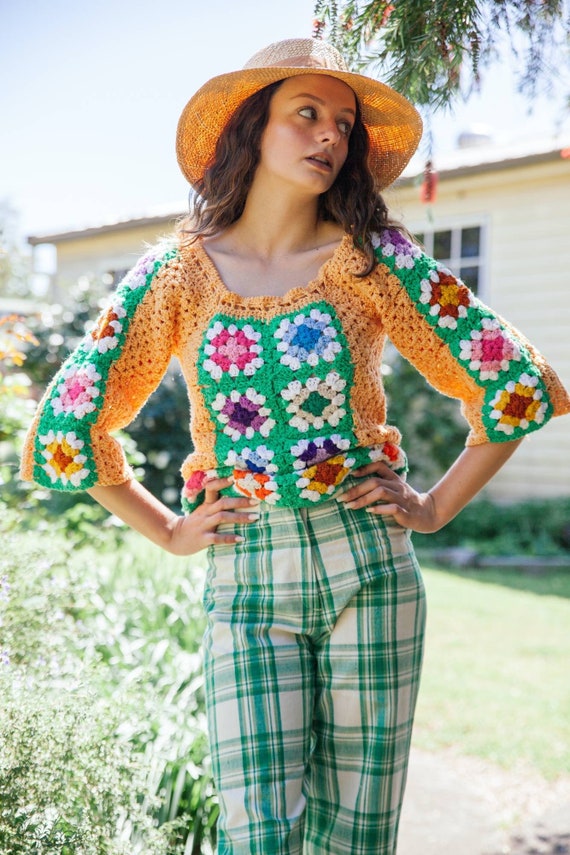 Vintage 70s Rainbow Crochet Jacket, Bell Sleeves,… - image 1