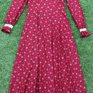 May include: A long-sleeved, red floral dress with a white lace collar and cuffs. The dress has a high neck and a fitted bodice. The skirt is full and flowing.