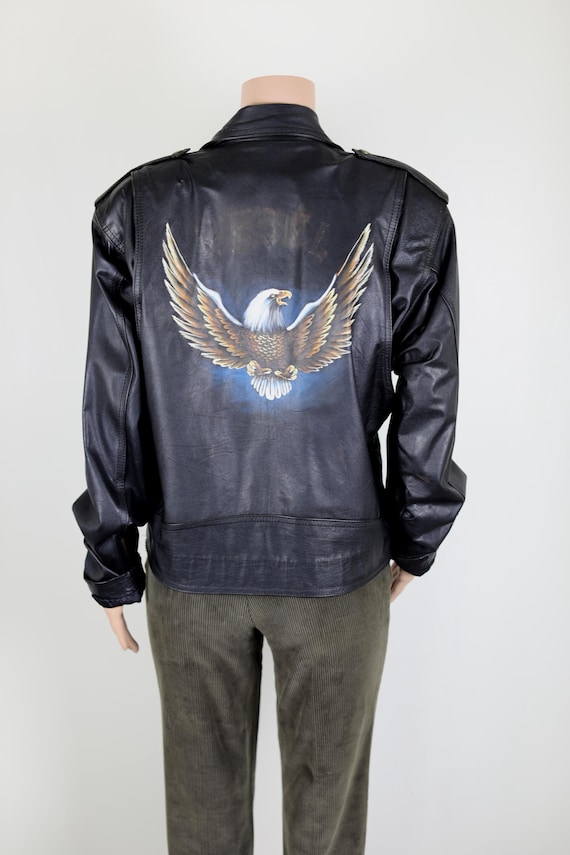 Vintage 90s Leather Motorcycle Jacket, Eagle Painted on the Back