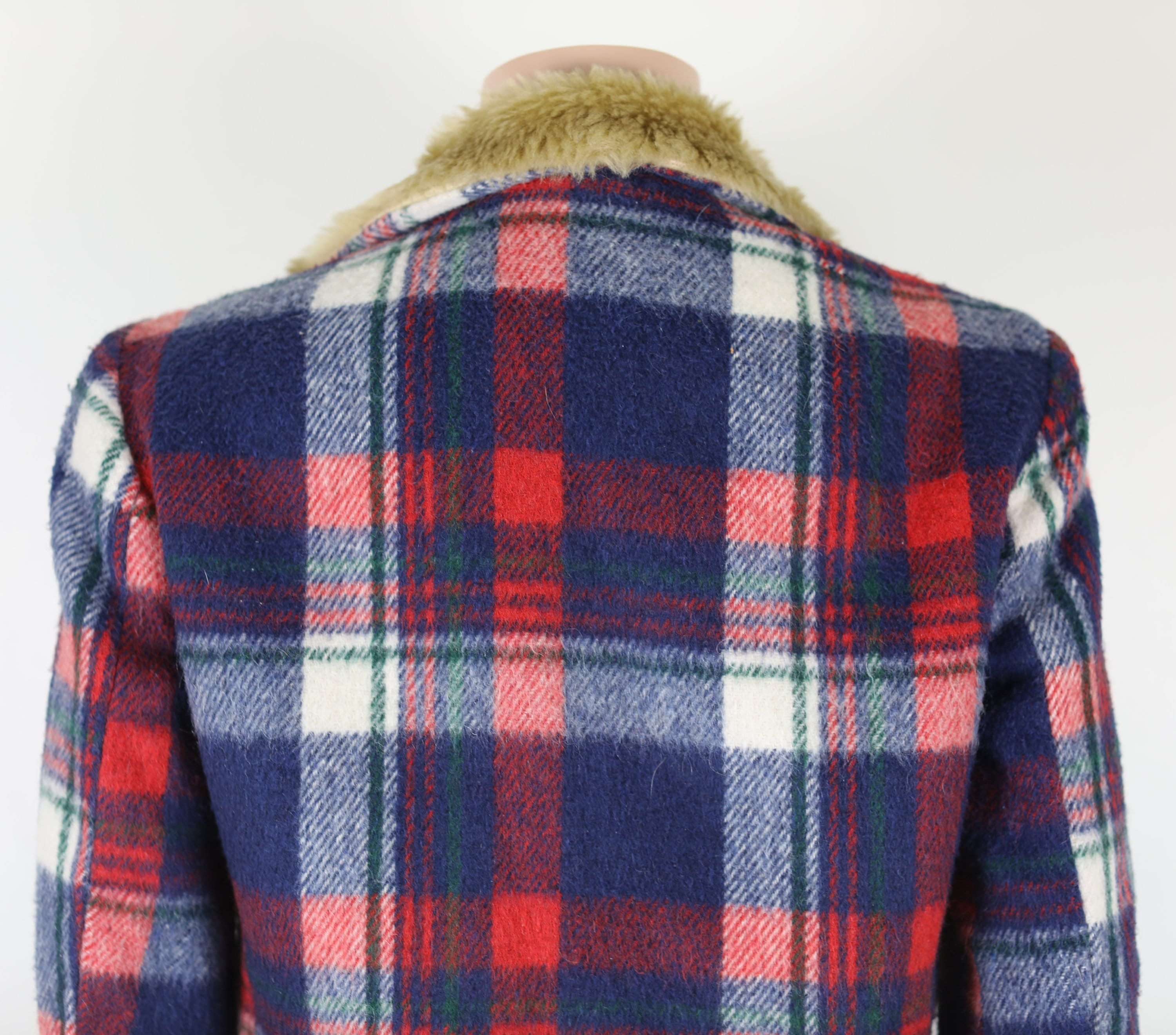 Vintage 70s Red and Blue Plaid Lumberjack Jacket, Sherpa, Small