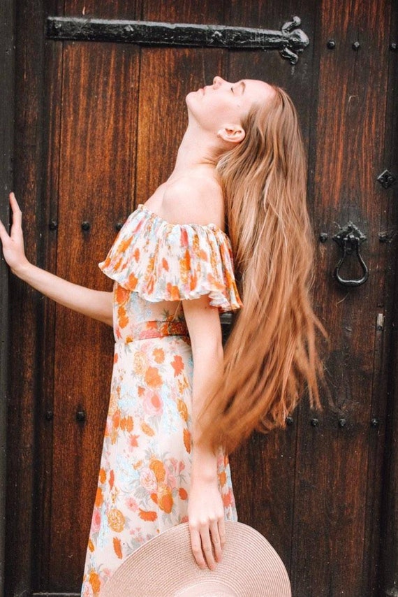 strapless open back dress Vintage 70s Disco Dress & Capelet in Orange by Lorrie Deb main image 0