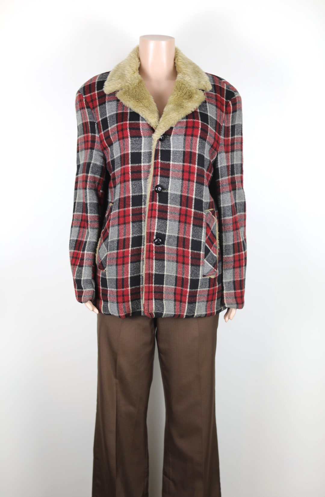 Vintage 70s Red and Grey Lumberjack Jacket, Sherpa Jacket, Mens