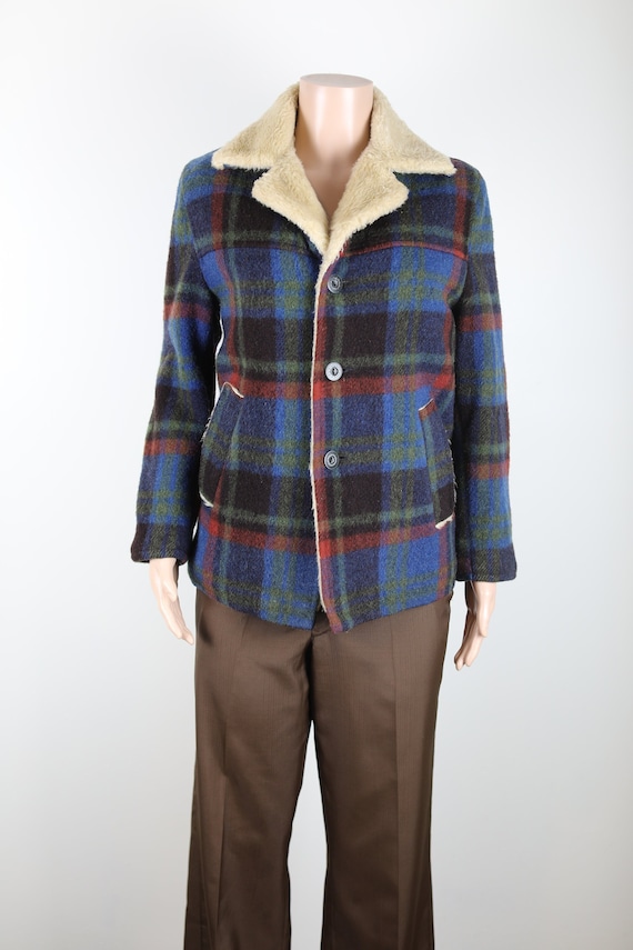 Vintage 70s Blue and Green Plaid Lumberjack Jacke… - image 1