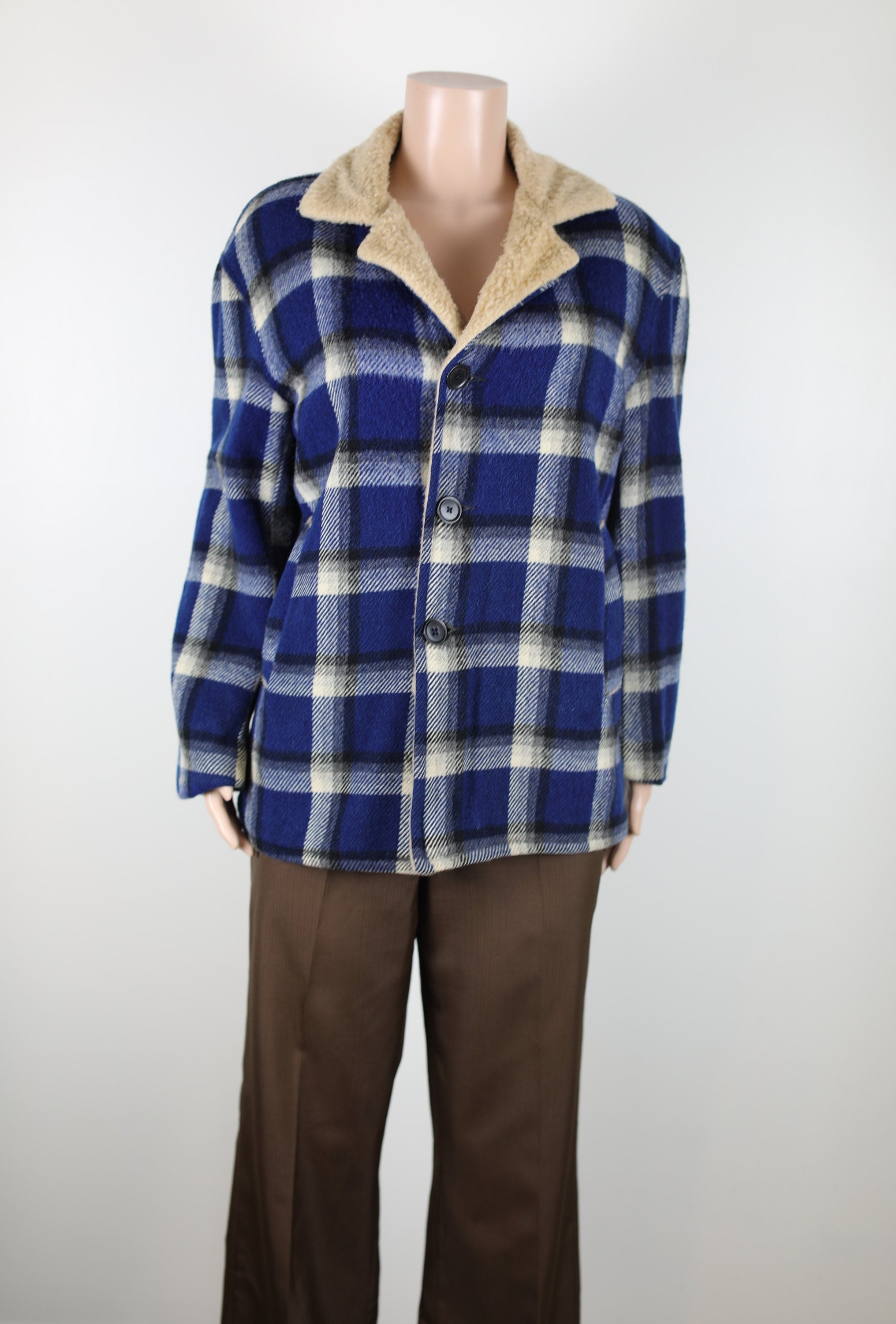 だ*ん様 70s 80s vintage ombre check jacket Vintage 70s Blue Plaid Lumberjack Jacket, Super Warm Sherpa Jacket