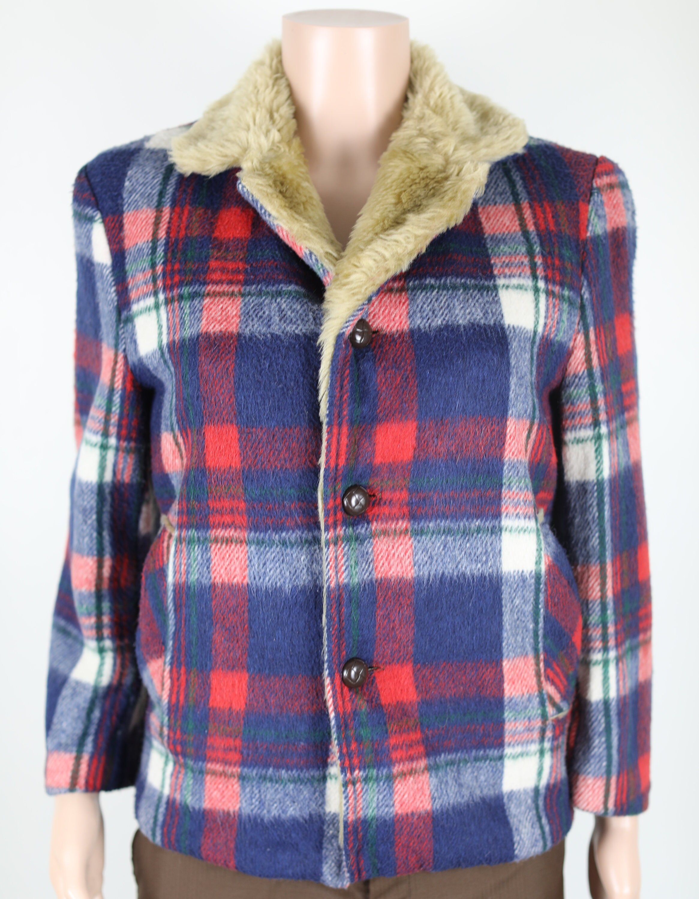 Vintage 70s Red and Blue Plaid Lumberjack Jacket, Sherpa, Small