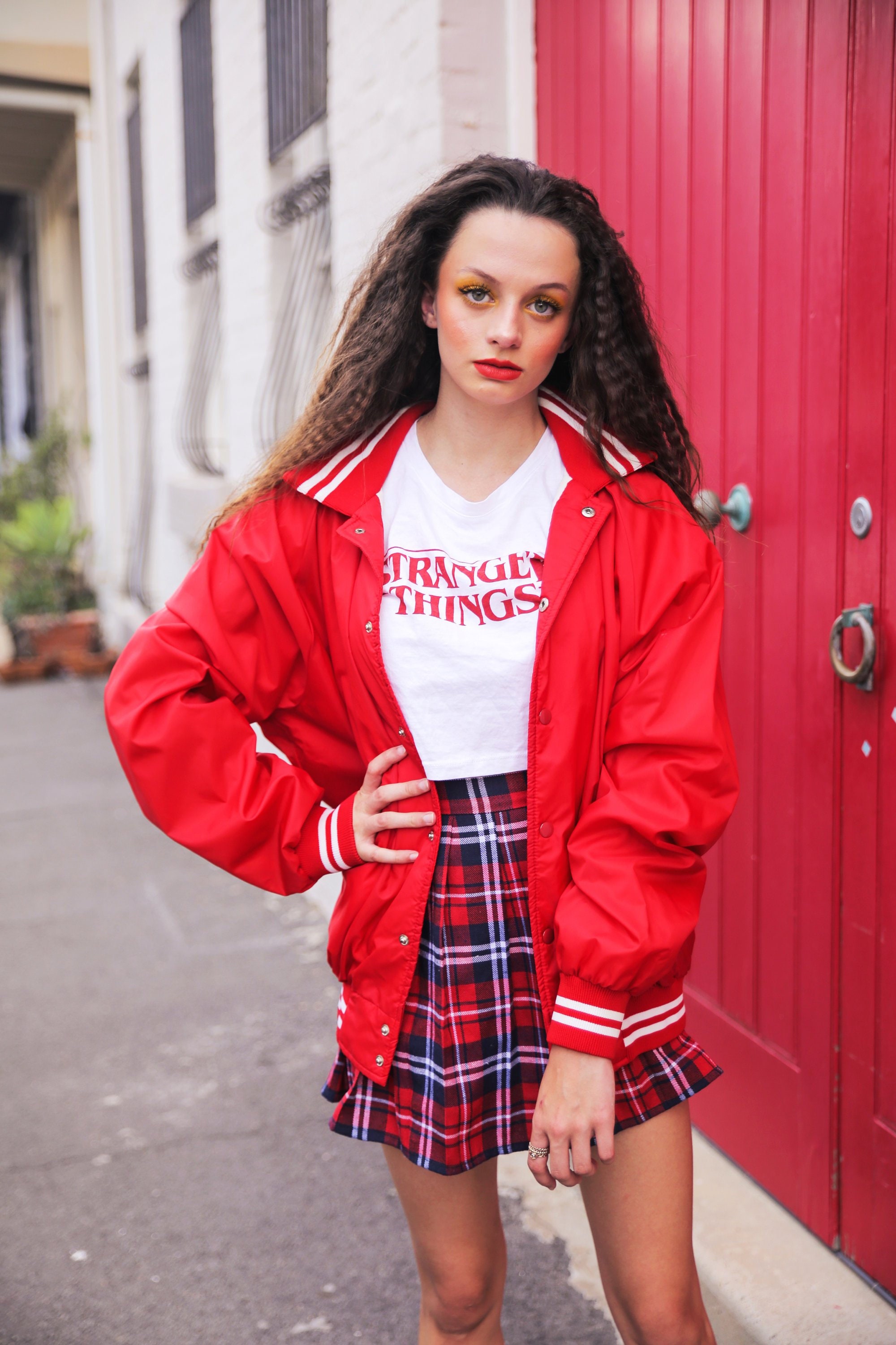Vintage 80s Red Strange Things Windbreaker Shell Bomber Jacket