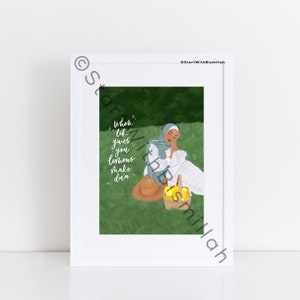 May include: A digital illustration of a woman wearing a blue headscarf and white dress sitting on a green grassy field. She is holding a basket of lemons and the text "When life gives you lemons make dua" is written in white on a green background.