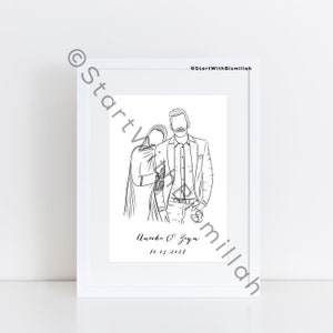 Retrato de desenho de linha, ilustração personalizada, ilustração fotográfica, foto personalizada, presente de aniversário, presente de casamento, casamento islâmico