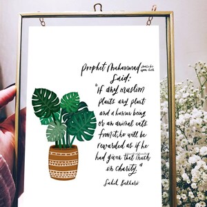 May include: A white background with a quote from the Prophet Muhammad (peace be upon him) about planting a plant and the reward for doing so. The quote is written in black calligraphy. The image also features a green potted plant with a brown pot.