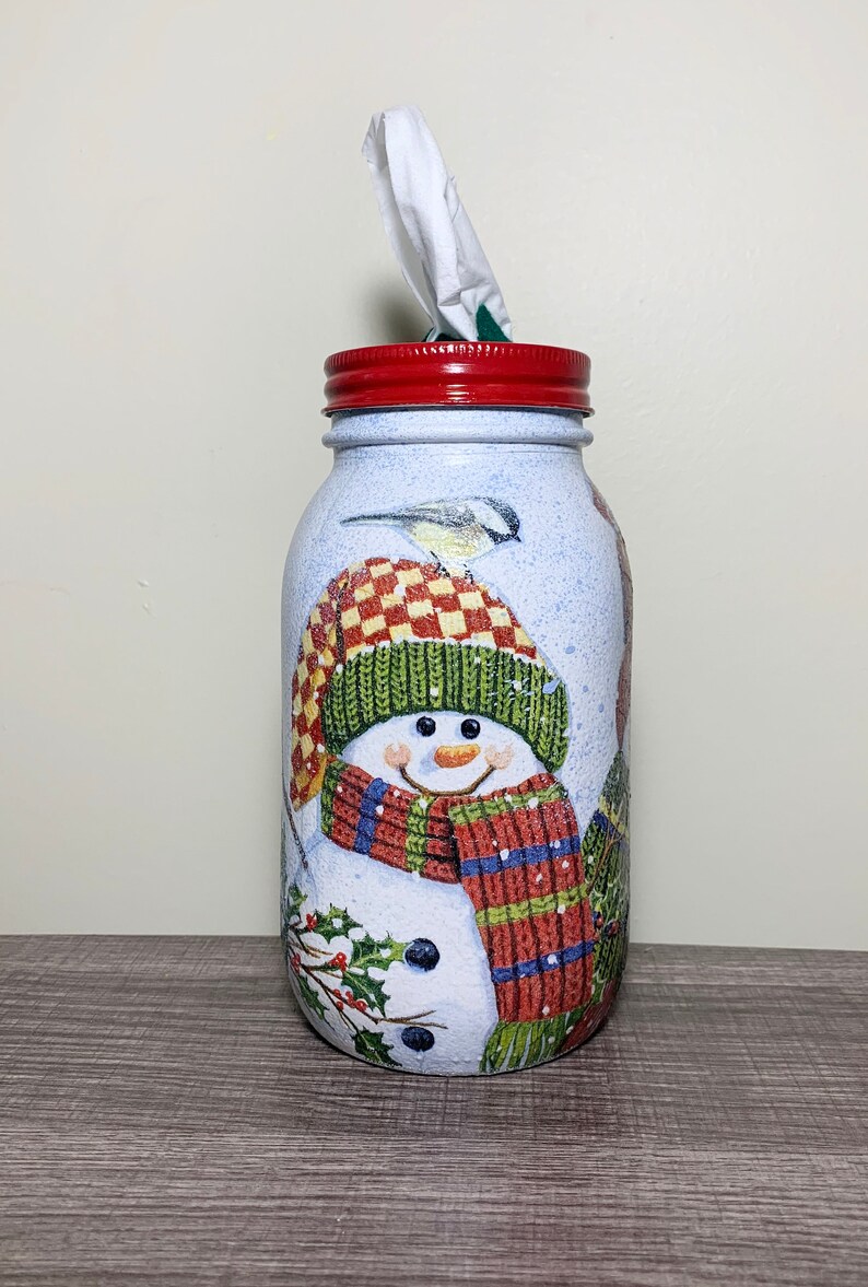 Three Snowman Mason Jar Tissue Holder Decoupage Jar Office Etsy