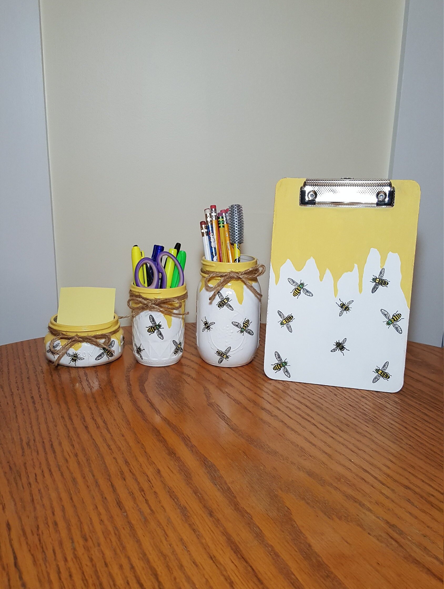Honey Bee Mason Jar Desk Set Decoupage Jar Desk Organizer Etsy
