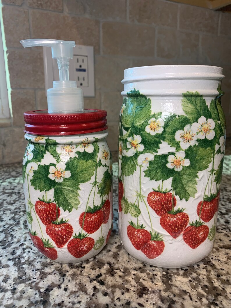 Set Of STRAWBERRY Mason Jar Soap dispenser & Utensil holder Etsy