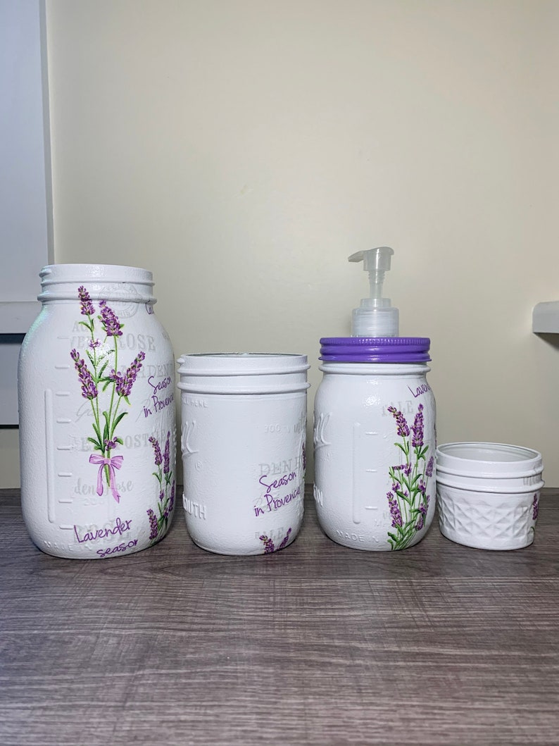 Vintage Lavender Bathroom Set Mason Jar Set Decoupage Jar Etsy