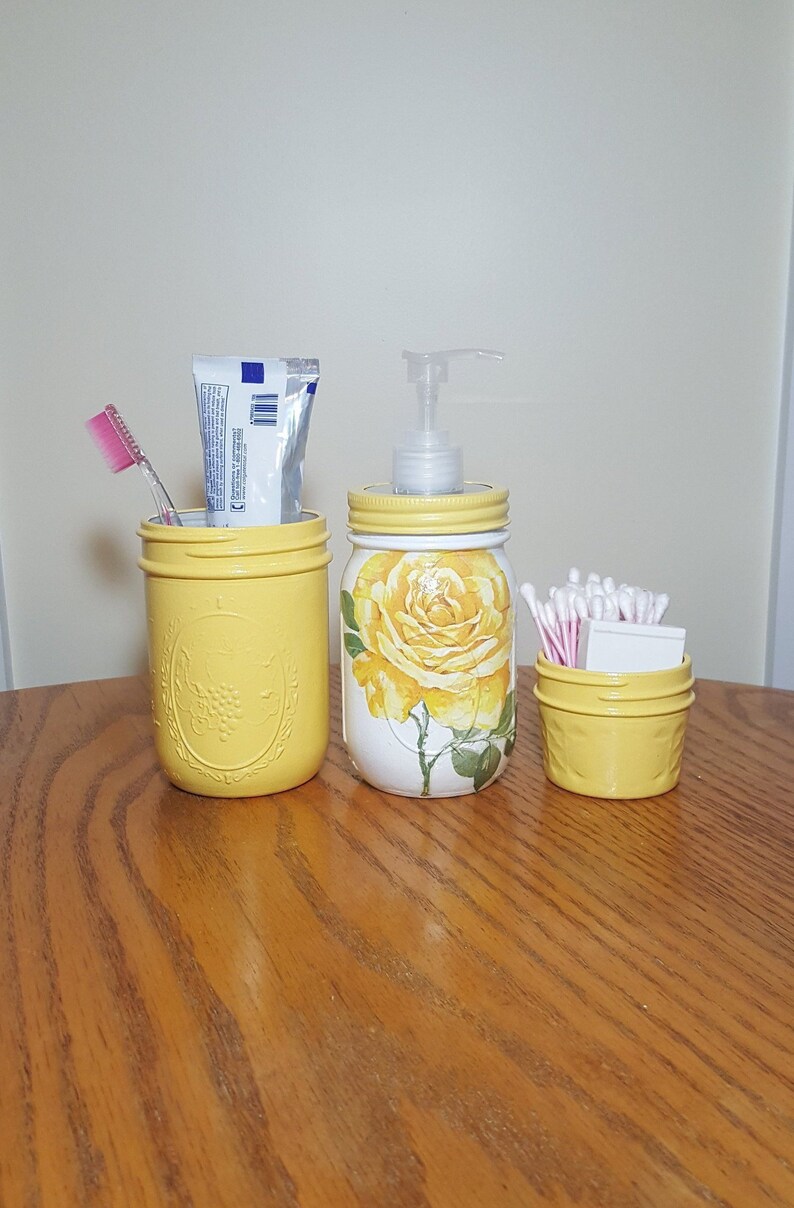 Yellow Rose Bathroom Set Mason Jar Decoupage Image 0