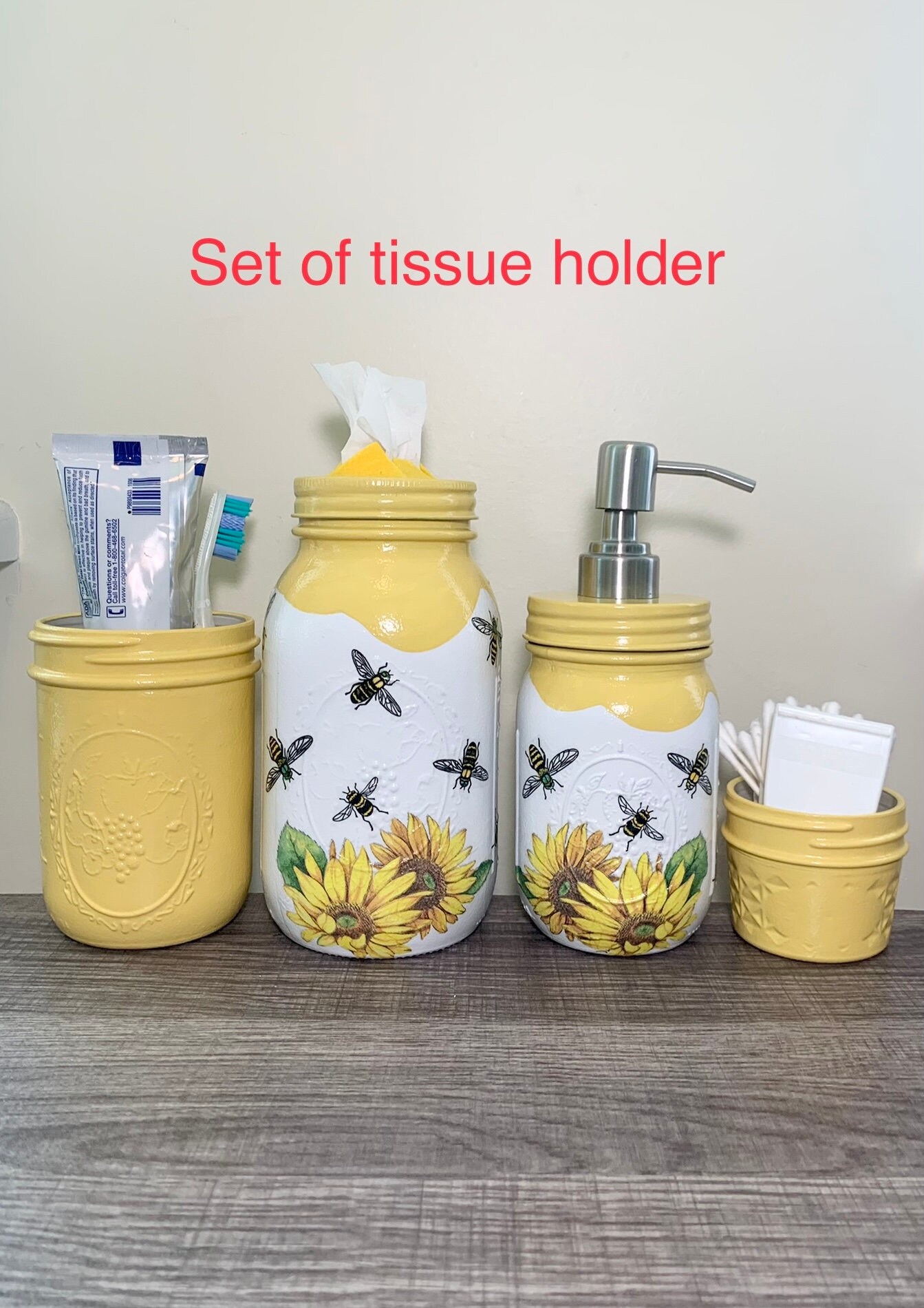 SUNFLOWER HONEY BEE Bathroom Set Mason Jar Set Decoupage & Etsy