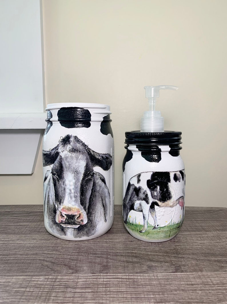Set Of Cow Mason Jar Soap dispenser & Utensil holder Etsy