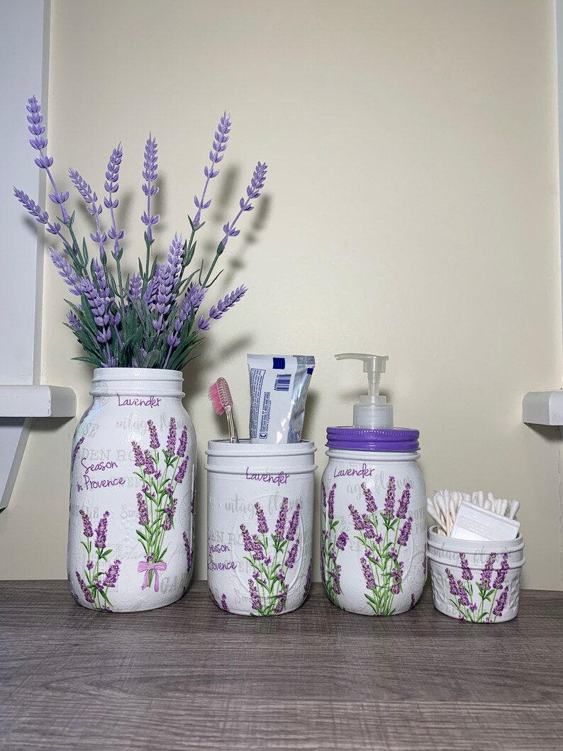 Vintage Lavender Bathroom Set Mason Jar Set Decoupage Jar Etsy