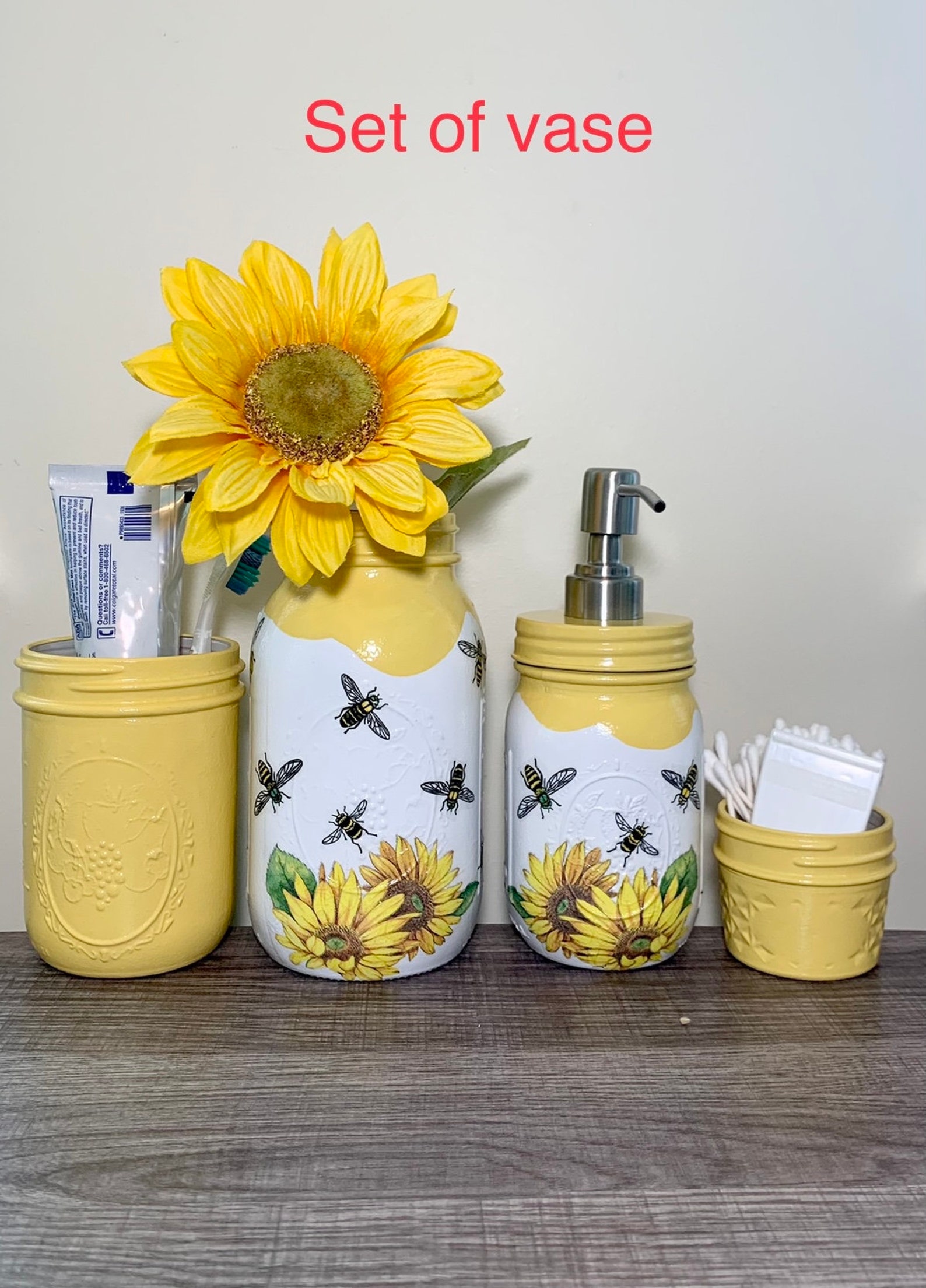 SUNFLOWER HONEY BEE Bathroom Set Mason Jar Set Decoupage & Etsy