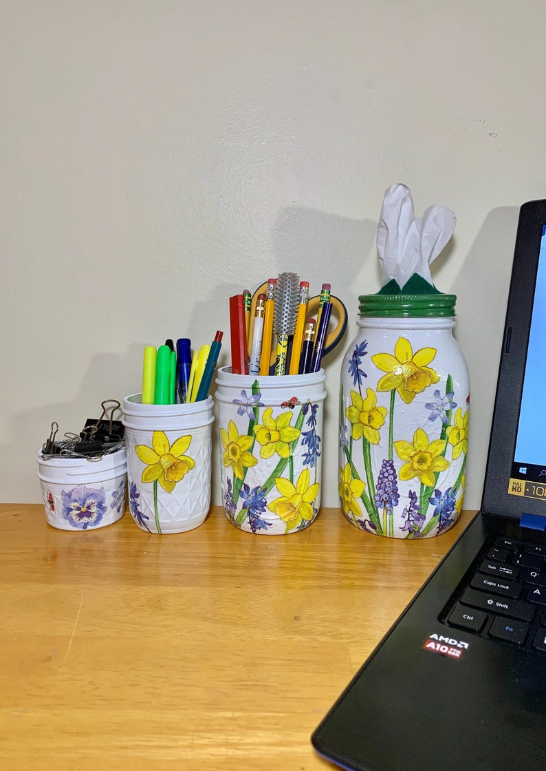 Yellow Narcissus Mason Jar Setdecoupage Jaroffice Decordesk Etsy