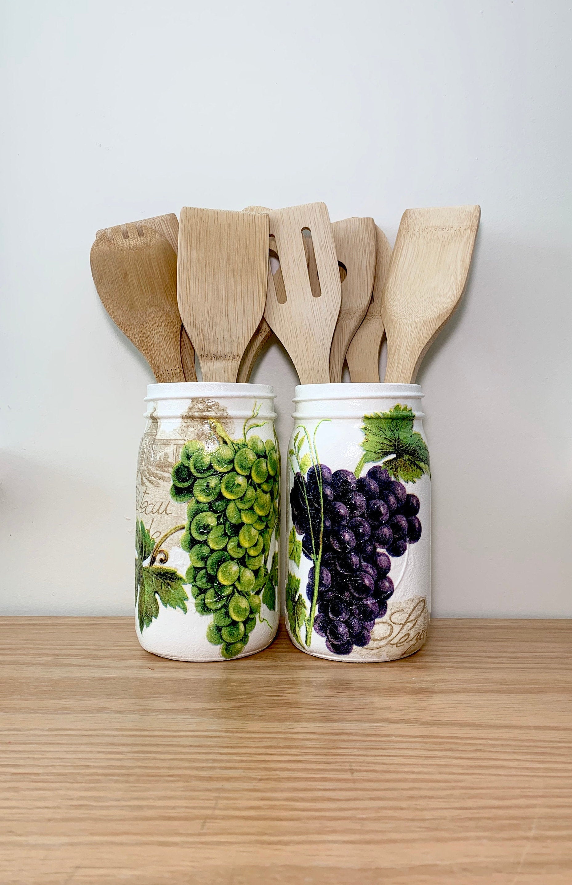 Grapes Utensil Holder Mason Jar Set Decoupage Jar Utensil Etsy