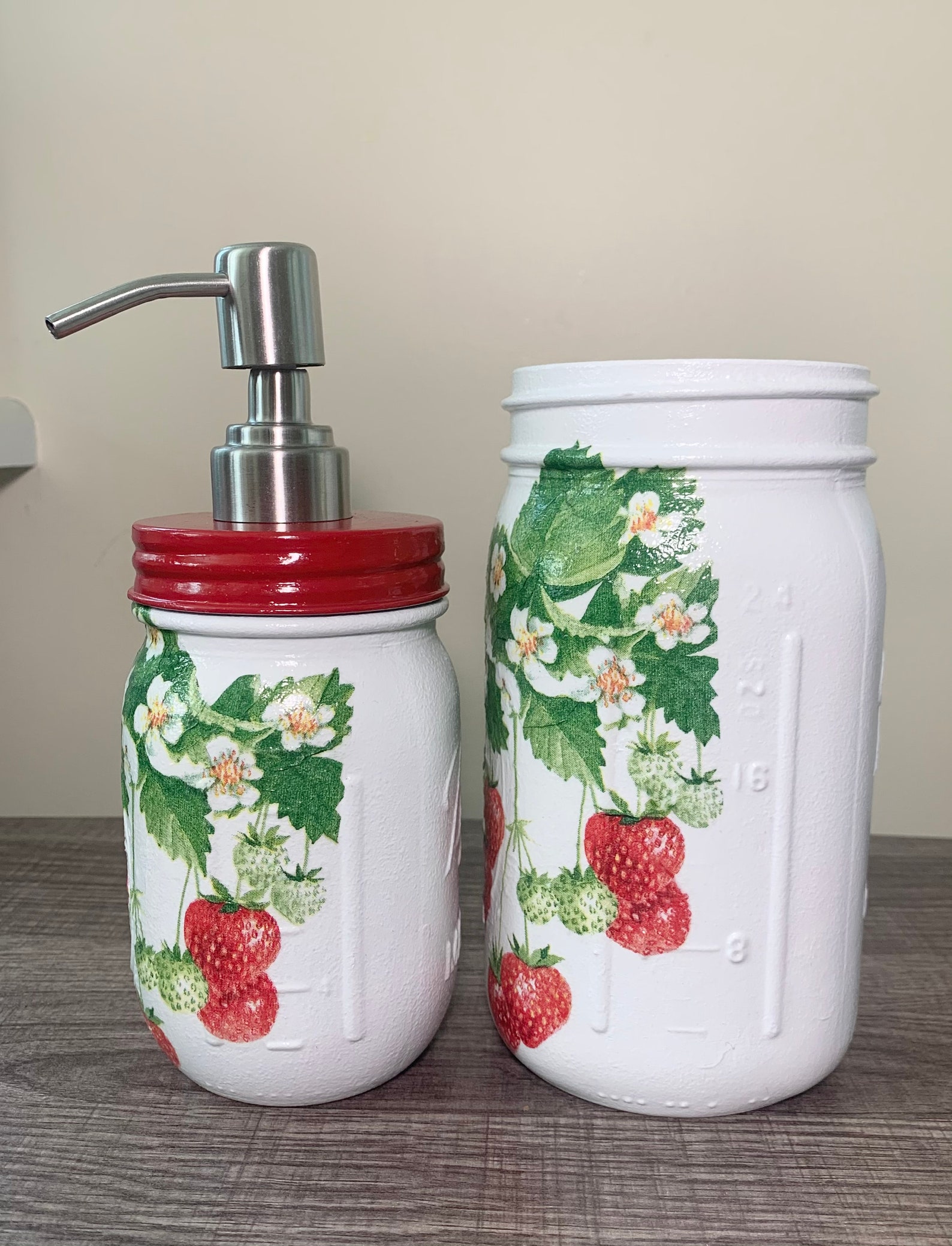 Set of STRAWBERRY Mason Jar Soap Dispenser & Utensil Holder Etsy