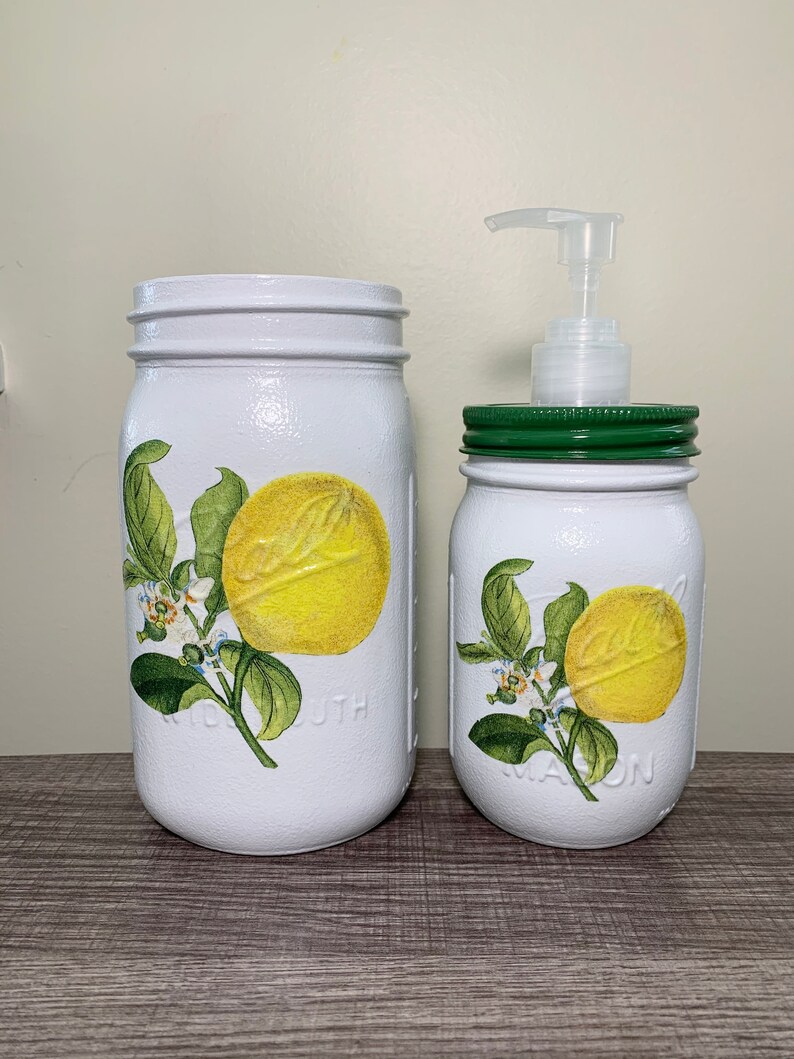 Set of LEMON Mason Jar Soap Dispenser & Utensil Holder Etsy