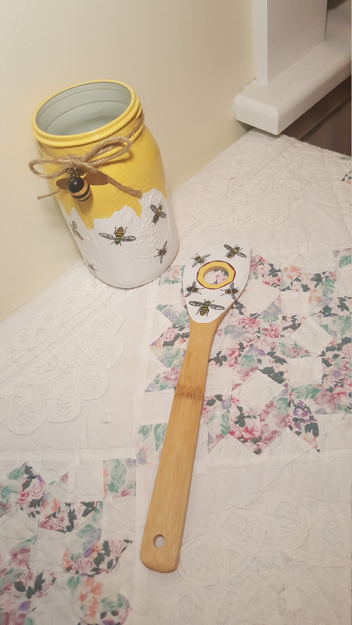Honey Bee Utensil Holder and Wooden Spoon Kitchen Decor Set Etsy