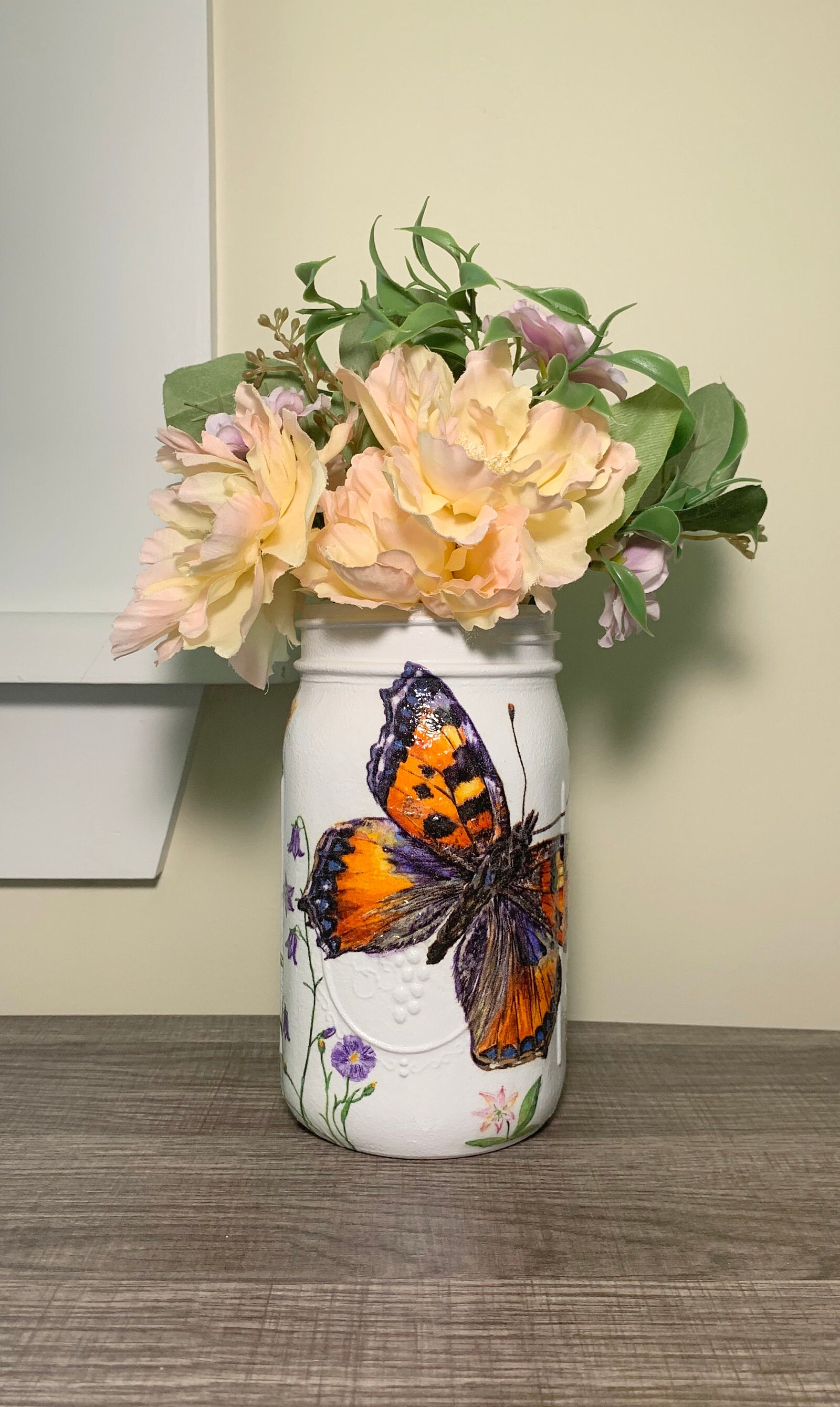 Butterflies & Flowers Vase Mason Jar Centerpiece Decoupage Etsy