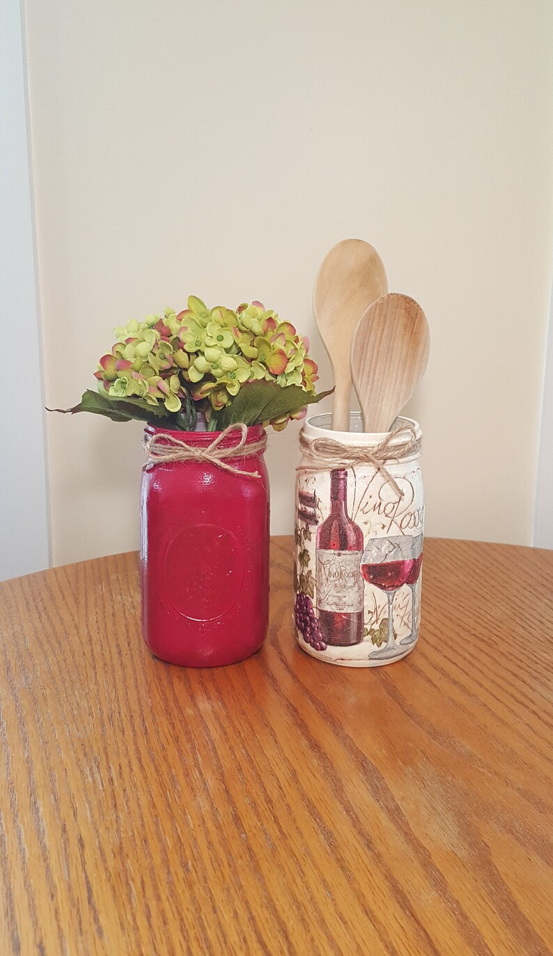 Red Wine Grapes Bottle Utensil Holder Set Mason Jar Kitchen Etsy