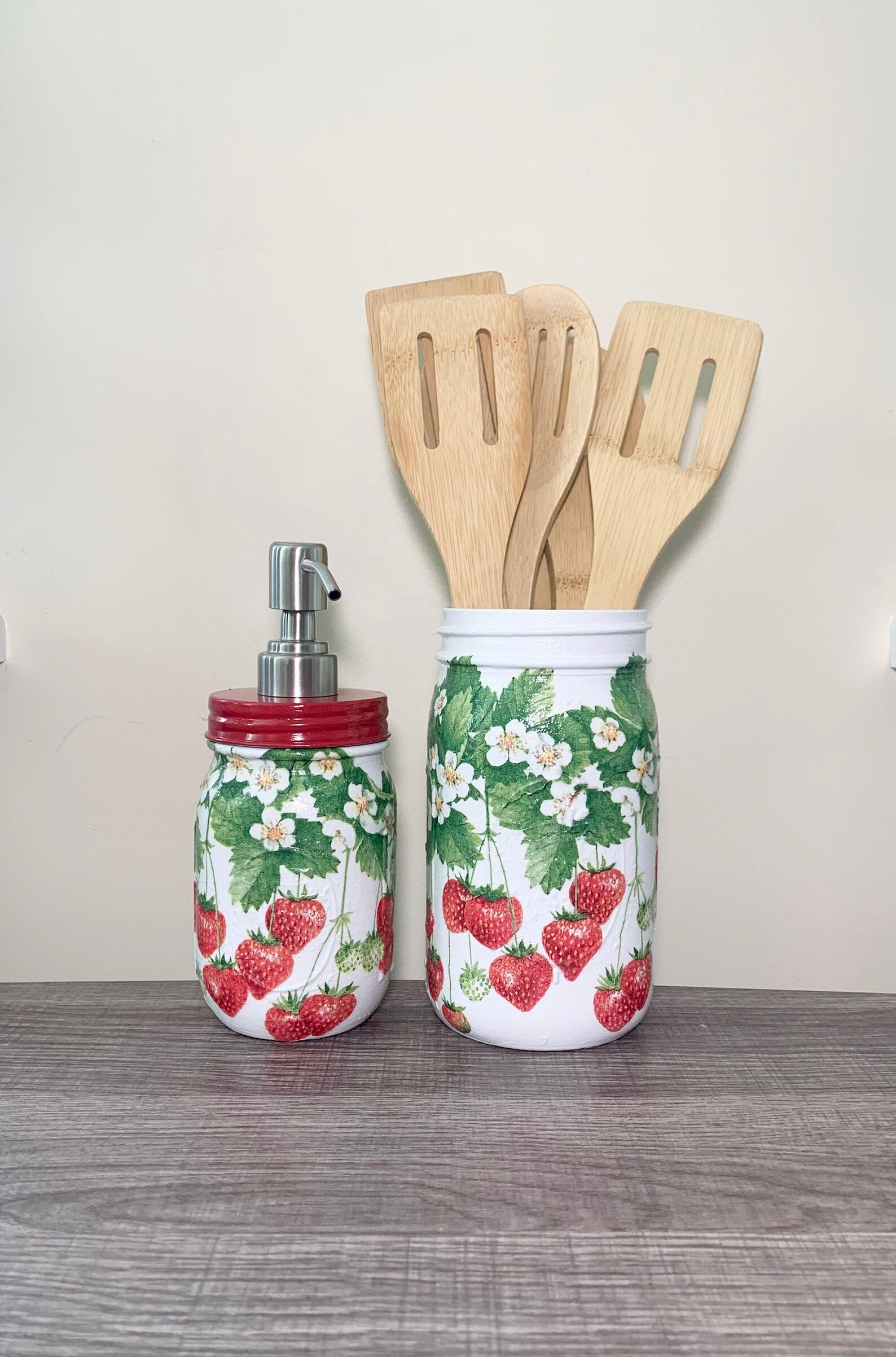 Set of STRAWBERRY Mason Jar Soap Dispenser & Utensil Holder Etsy