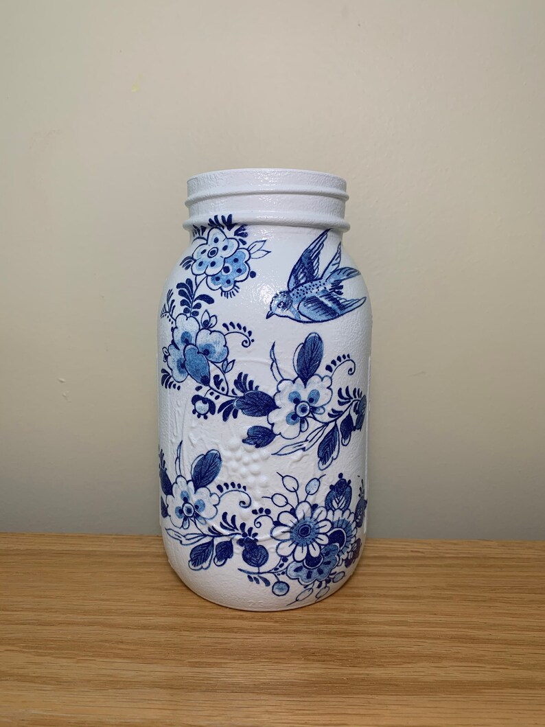 Birds in Blue Porcelain Mason Jar Vase Decoupage Jar Mason Etsy