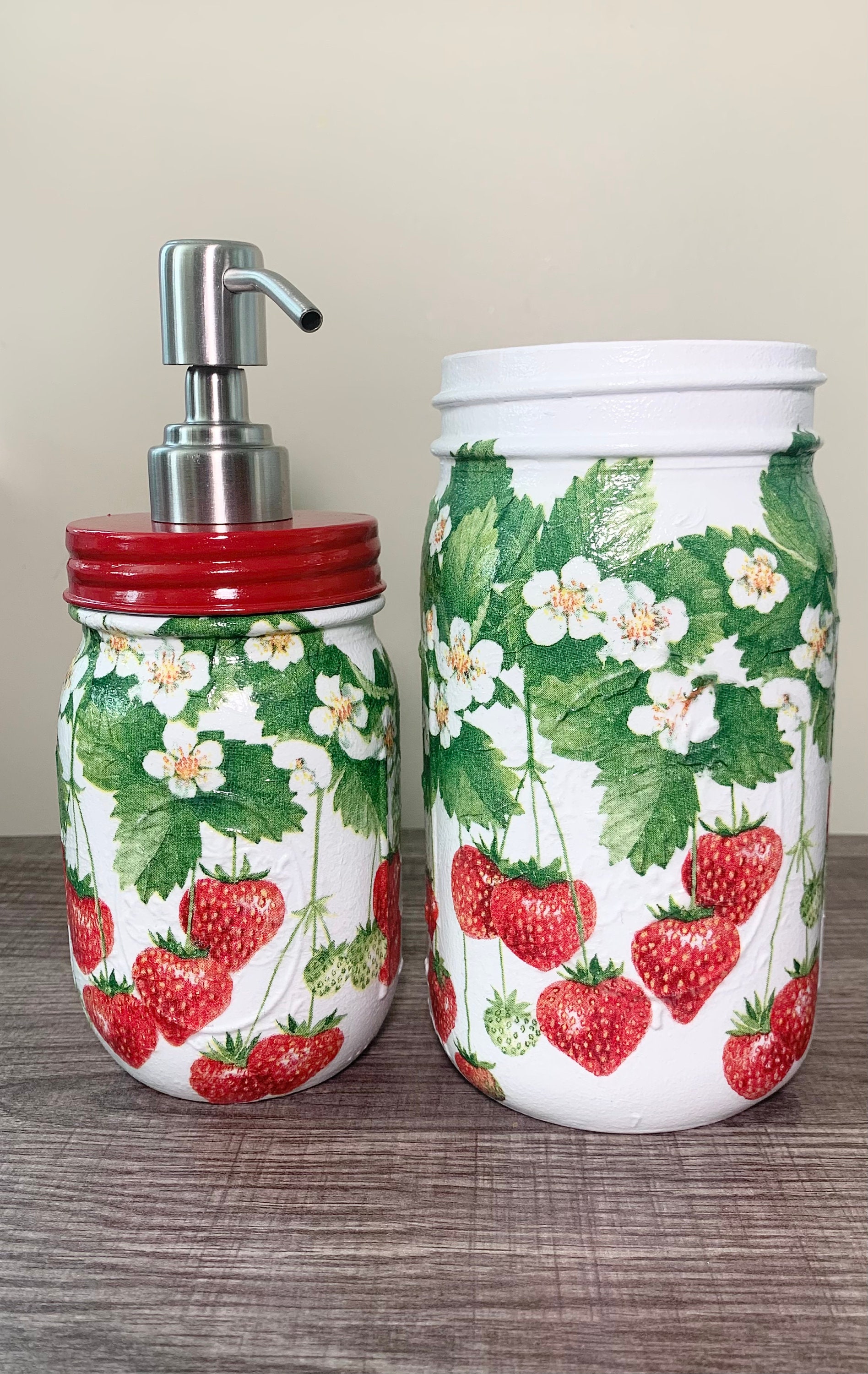Set of STRAWBERRY Mason Jar Soap Dispenser & Utensil Holder Etsy