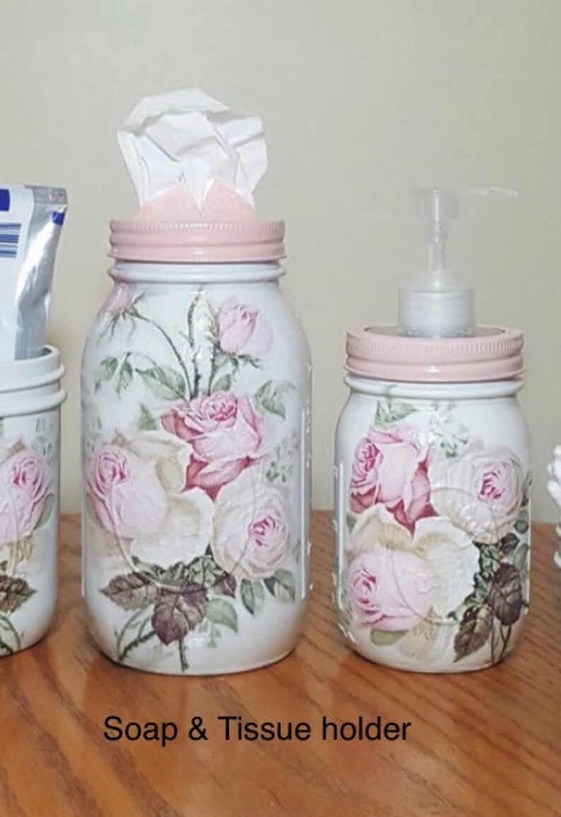 Vintage Pink Rose Bathroom Set Mason Jar Set Decoupage Jar Etsy
