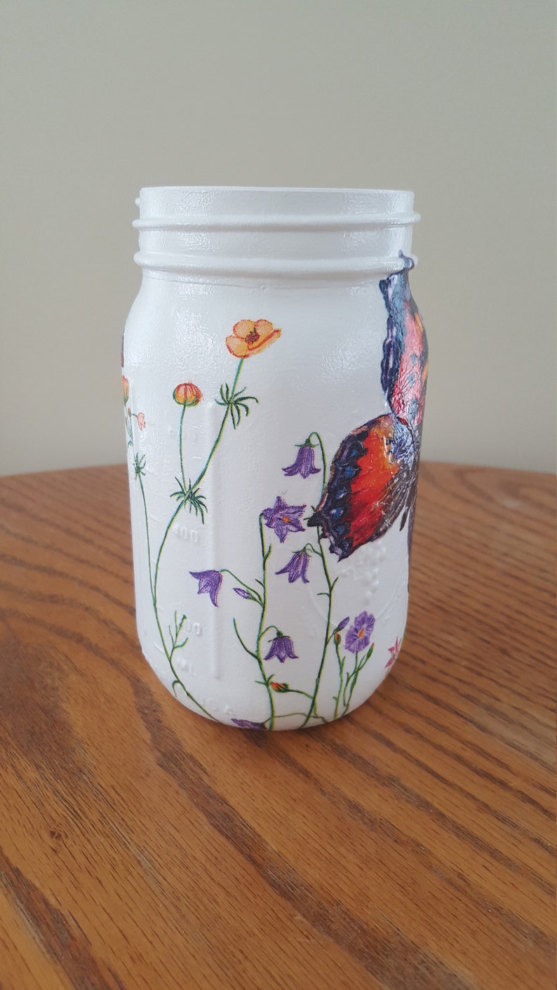 Butterflies & Flowers Vase Mason Jar Centerpiece Decoupage Etsy
