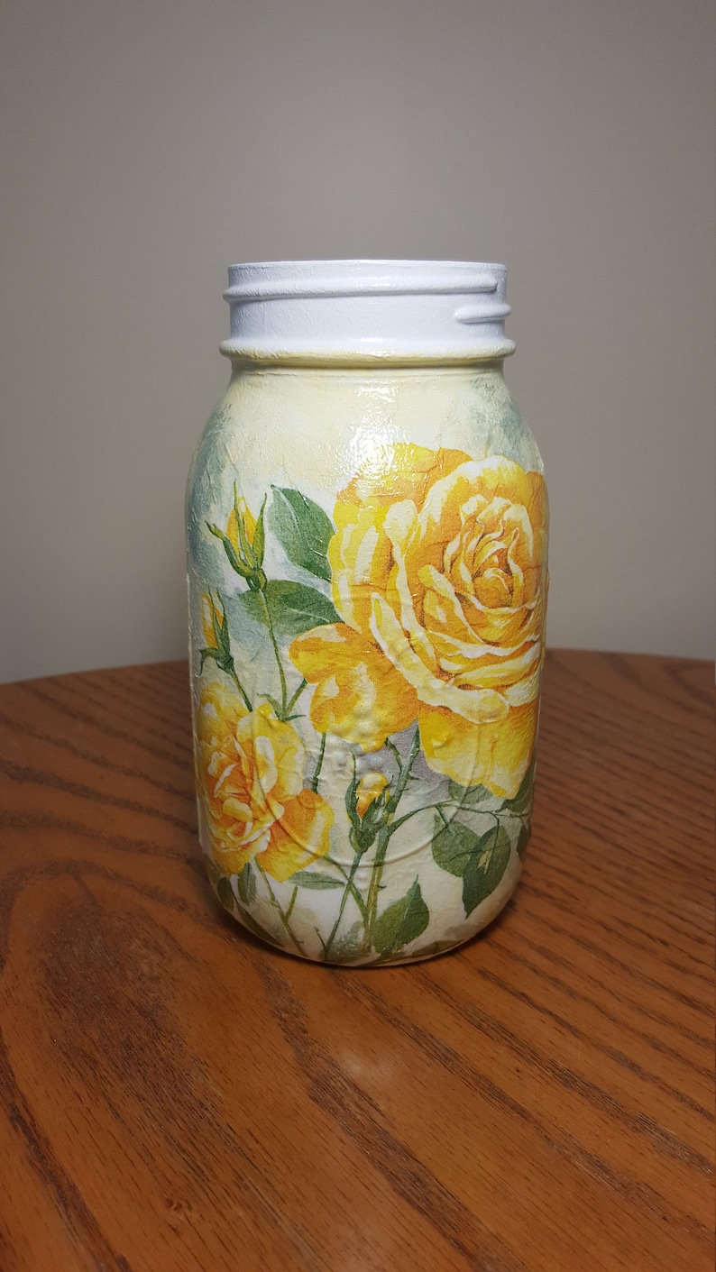 Yellow Roses Mason Jar Vase Mason Jar Centerpiece Decoupage Etsy
